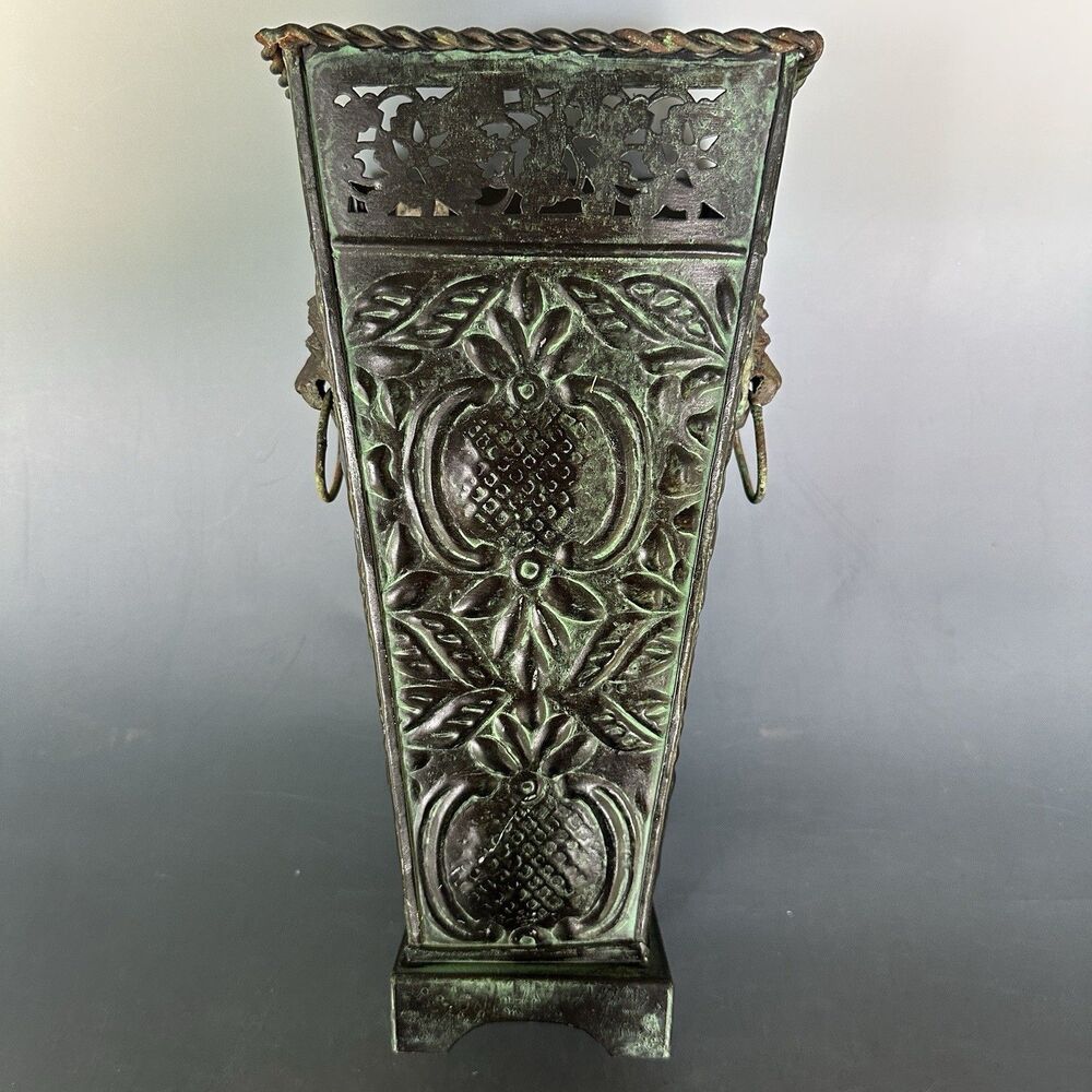 Metal Vase Centerpiece Lion Handles Verdigris Antique Style 12” Vintage